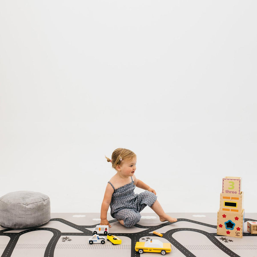 Designer Play Rugs • Two-Sided, Memory Foam Play Mat with Interactive Play Map on the Back